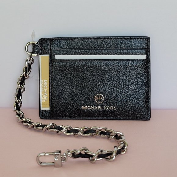 MICHAEL KORS Jet Set Small ID Pebbled Leather Chain Card Holder Case-Black🎈$69 - Picture 1 of 16